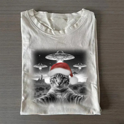 Christmas Cat Selfle With UFO Art Acid Wash Sweatshirt