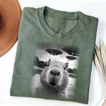 Christmas Capybara Selfle With UFO Art Acid Wash Sweatshirt