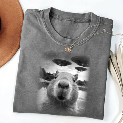 Christmas Capybara Selfle With UFO Art Acid Wash Sweatshirt
