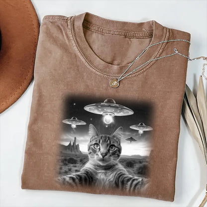 Cat Selfie With UFO Art Acid Wash Sweatshirt