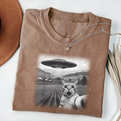 Cat Selfie With UFO Art Acid Wash Sweatshirt