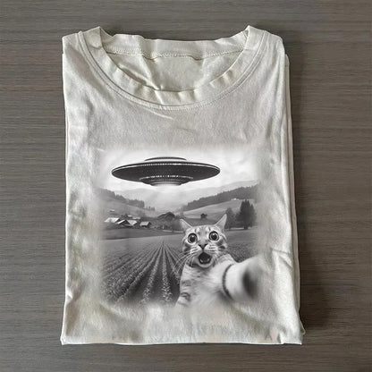 Cat Selfie With UFO Art Acid Wash Sweatshirt