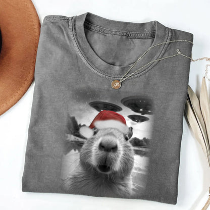 Christmas Capybara Selfle With UFO Art Acid Wash Sweatshirt