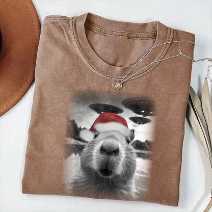 Christmas Capybara Selfle With UFO Art Acid Wash Sweatshirt