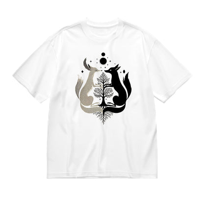 Black and White Cat Silhouette with Tree Design T-Shirt