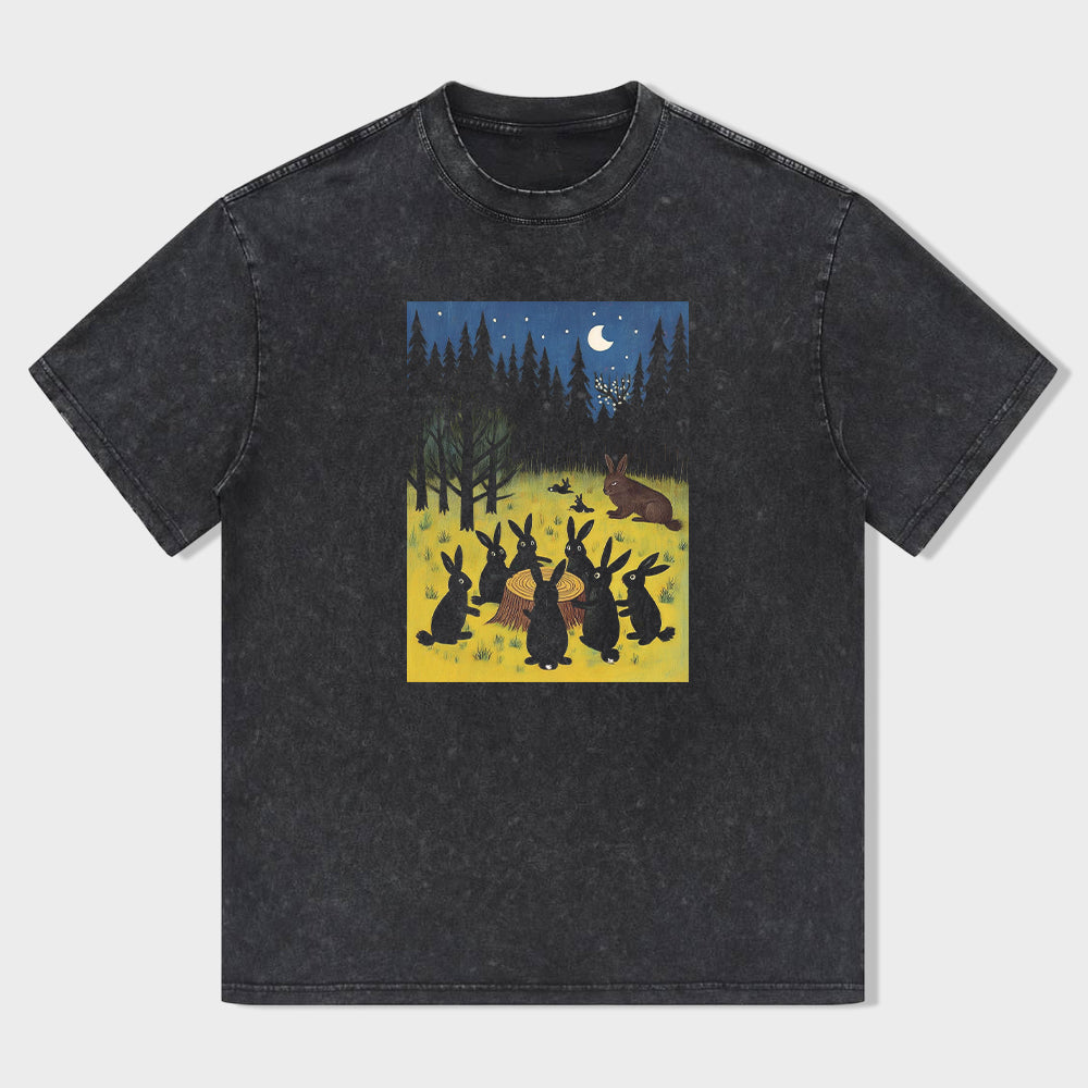 Rabbit Gathering Forest Night Scene Graphic T-Shirt