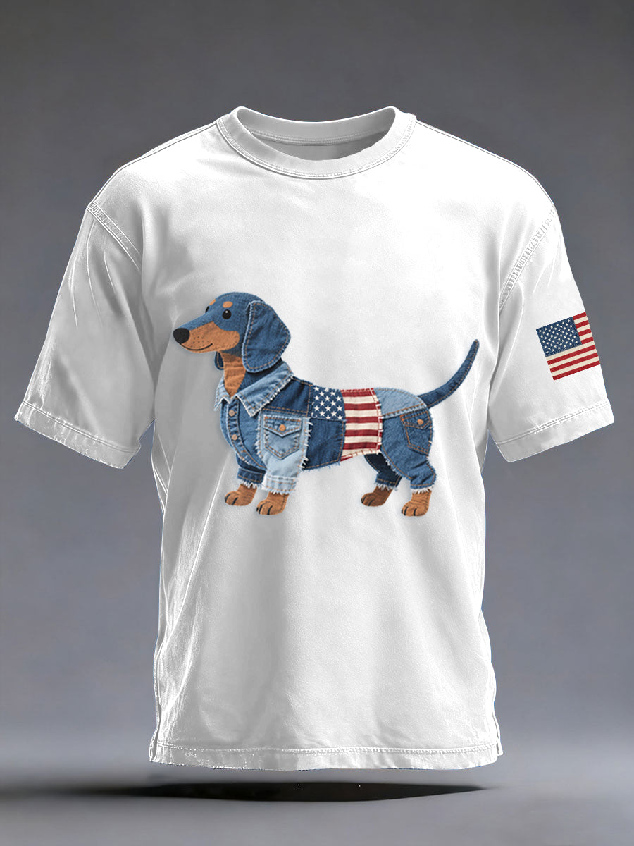 Denim Patchwork Art Dachshund Dog Pattern Washed T-Shirt For Men