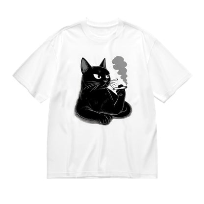 Black Cat Smoking Design Graphic T-Shirt
