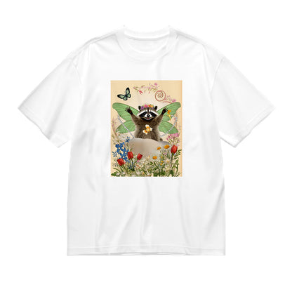 Cute Raccoon with Fairy Wings and Flowers Print T-Shirt
