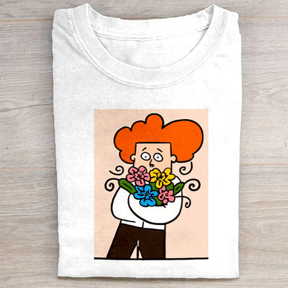 Cute Cartoon Character with Flower Bouquet Graphic T-Shirt