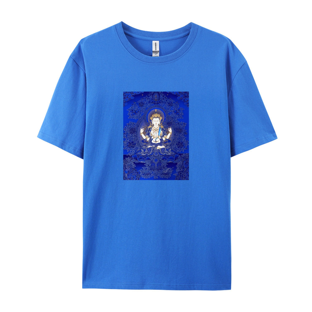 White T-Shirt with Blue Tibetan Buddha Design for Men Women Unisex Casual Wear Spiritual Clothing