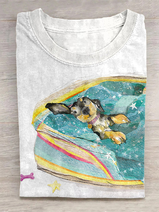 Scrawled Puppy Art Cute Swimming Dog Print Casual Short Sleeve T-Shirt