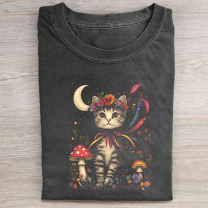 Cute Cat with Mushrooms and Moon Graphic T-Shirt