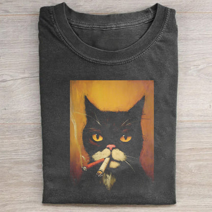 Black Cat Smoking Cigarette Graphic T-Shirt