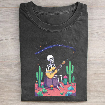 Skull Playing Guitar Cactus Desert Night Scene Graphic T-Shirt