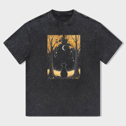 Enchanted Forest Cat Moon Night Graphic T-Shirt