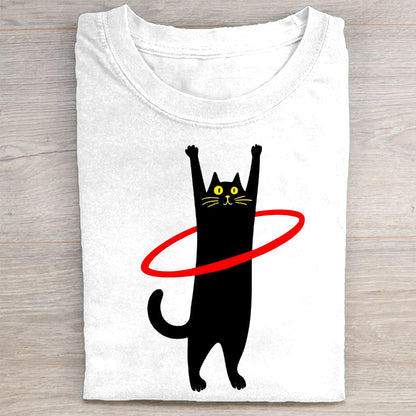 Cute Black Cat with Red Weighted Hoop Graphic T-Shirt