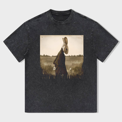 Rabbit Art Print Round Neck Short Sleeve T-Shirt