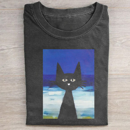 Black Cat Ocean Art Graphic T-Shirt