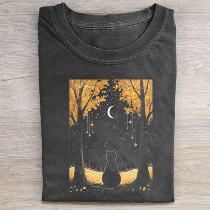 Enchanted Forest Cat Moon Night Graphic T-Shirt