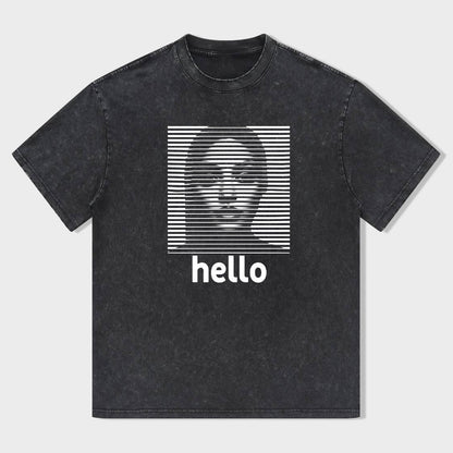 Men's Graphic T-Shirt with Striped Face Design and Hello Text Print