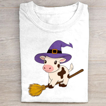 Cute Cow Witch Halloween Costume Graphic Print T-Shirt
