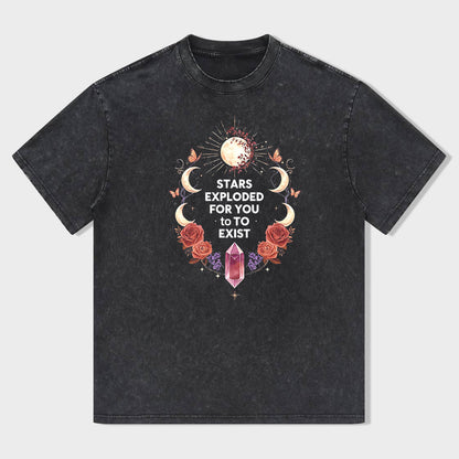 Vintage T-Shirt Black Stars Exploded for You to Exist Floral Moon Design Casual Wear