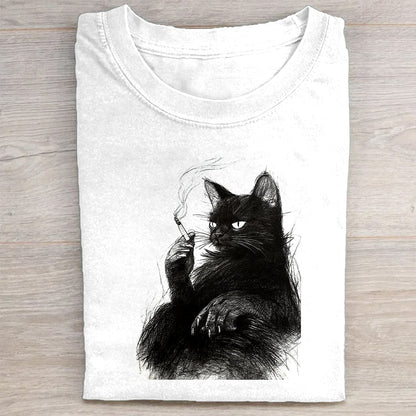 Cute Black Cat Graphic Print T-Shirt
