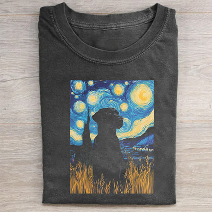 Short Sleeve Black T-Shirt with Starry Night Dog Print for Casual Wear