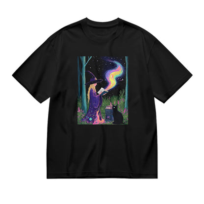 Mystical Cat Forest Night Rainbow Graphic T-Shirt