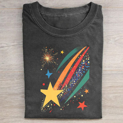 Short Sleeve Black T-Shirt with Colorful Star and Comet Print for Casual Wear