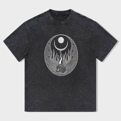Black Graphic T-Shirt with Crescent Moon and Hedgehog Design