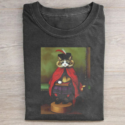 Vintage Black T-Shirt with Cat in Red Cape Graphic Print