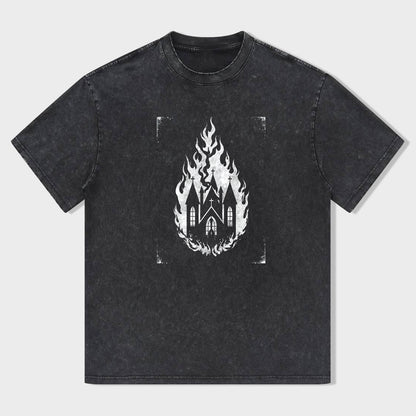 Flame Castle Graphic Tee Men's Casual Short Sleeve T-Shirt