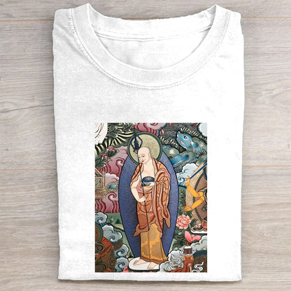 Buddhist Art T-Shirt for Men Women - Traditional Asian Buddha Painting Graphic Tee - Comfortable Casual Short Sleeve Top - Unique Spiritual Design Clothing
