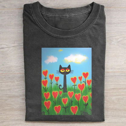 Crew Neck T-Shirt Black Cat in Heart Tulips Field Casual Wear for Daily Life