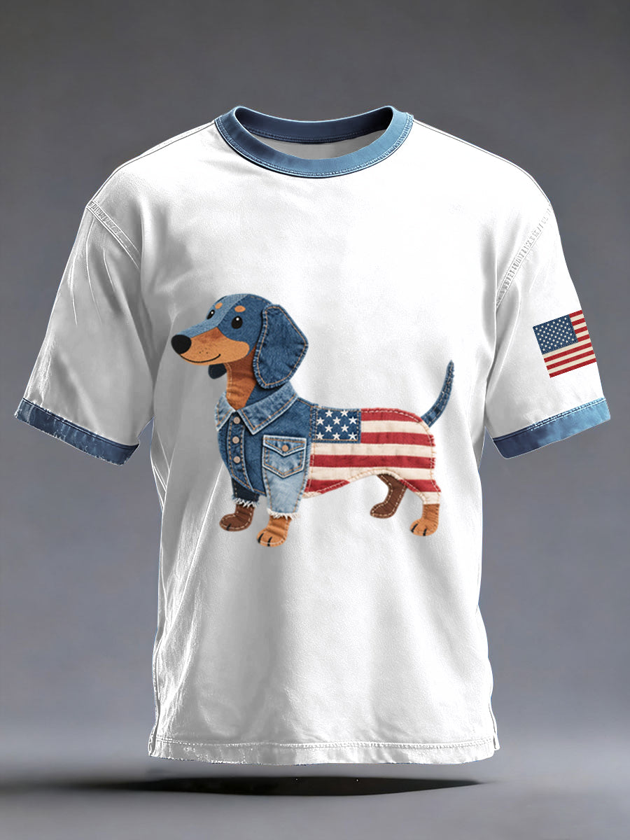 Denim Patchwork Art Dachshund Dog Pattern Washed T-Shirt For Men