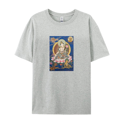 Buddhist Thangka Art T-Shirt for Men Women - White Cotton Tee with Traditional Tibetan Lotus Flower Design - Comfortable Casual Wear for Yoga Meditation and Daily Use