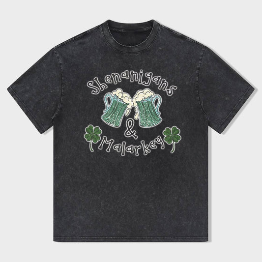 Retro St. Patrick's Day Shenanigans & Malarkey Green Beer And Four-Leaf Clover Unisex T-Shirt - heygraff