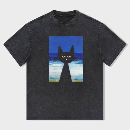 Black Cat Ocean Art Graphic T-Shirt