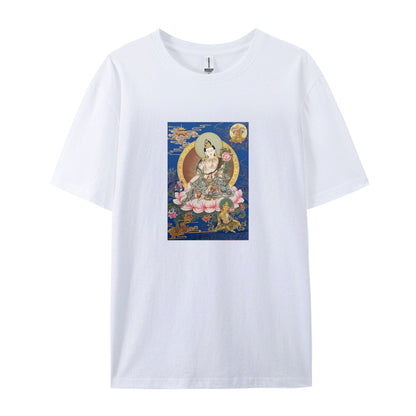 Buddhist Thangka Art T-Shirt for Men Women - White Cotton Tee with Traditional Tibetan Lotus Flower Design - Comfortable Casual Wear for Yoga Meditation and Daily Use