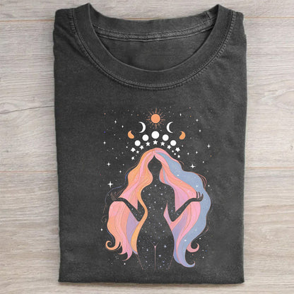 Women's Crew Neck T-Shirt Black Cosmic Goddess Print Casual Wear