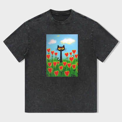 Crew Neck T-Shirt Black Cat in Heart Tulips Field Casual Wear for Daily Life