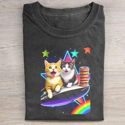 Cute Cat and Dog on Rainbow Surfboard Graphic T-Shirt