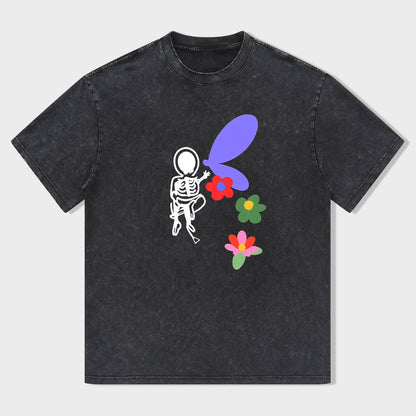 Skeleton with Butterfly Wings and Flowers Graphic T-Shirt