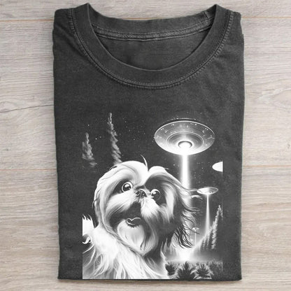 Shih Tzu Taking Selfie with UFOs Funny T-Shirt - heygraff