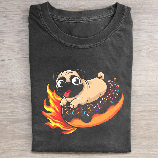 Cute Pug on Fire Donut Graphic T-Shirt