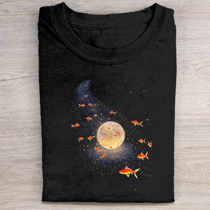 Space Goldfish Galaxy Moon Black T-Shirt