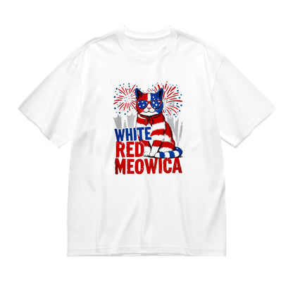 White Red Meowica Patriotic Cat Graphic T-Shirt