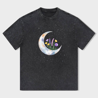 Cute Crescent Moon Floral Print Women's Casual Short Sleeve T-Shirt